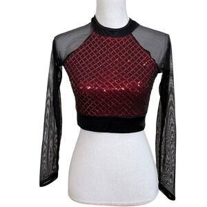 Curtain Call Red Sequin Mesh Long Sleeve Dance Crop Top J5498‎ Adult Medium AME
